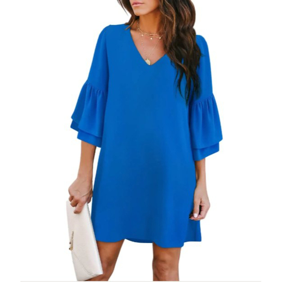 VICI Blue Peplum Sleeve V-Neck Shift Short Dress Size Small - Picture 1 of 6
